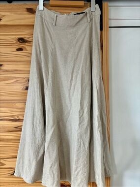 Beige Linen-Blend Midi Skirt
